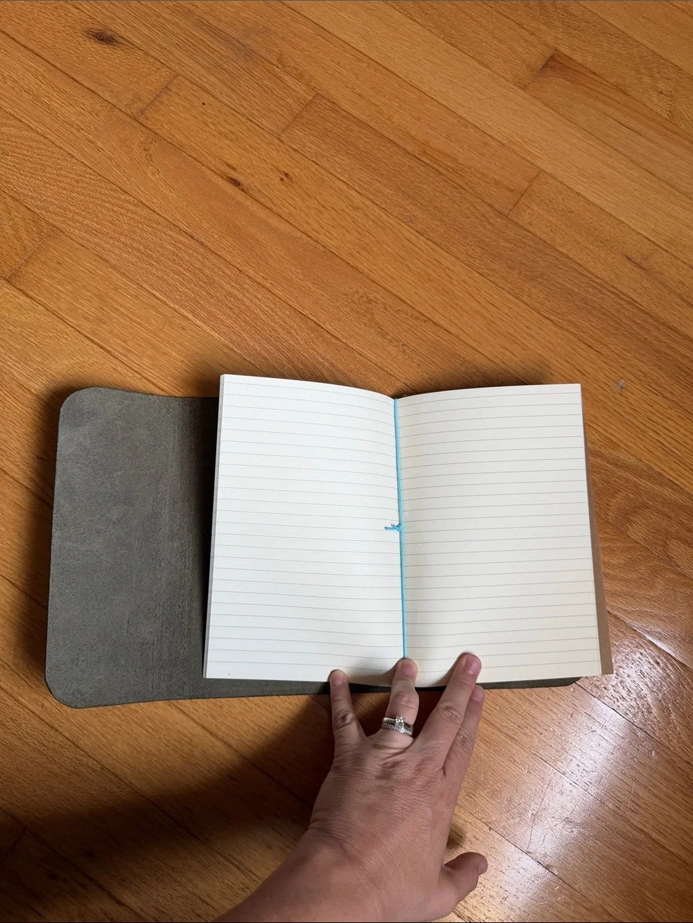 Leather A5 Journal/ Notebook olive green with Blue Elastic Closure